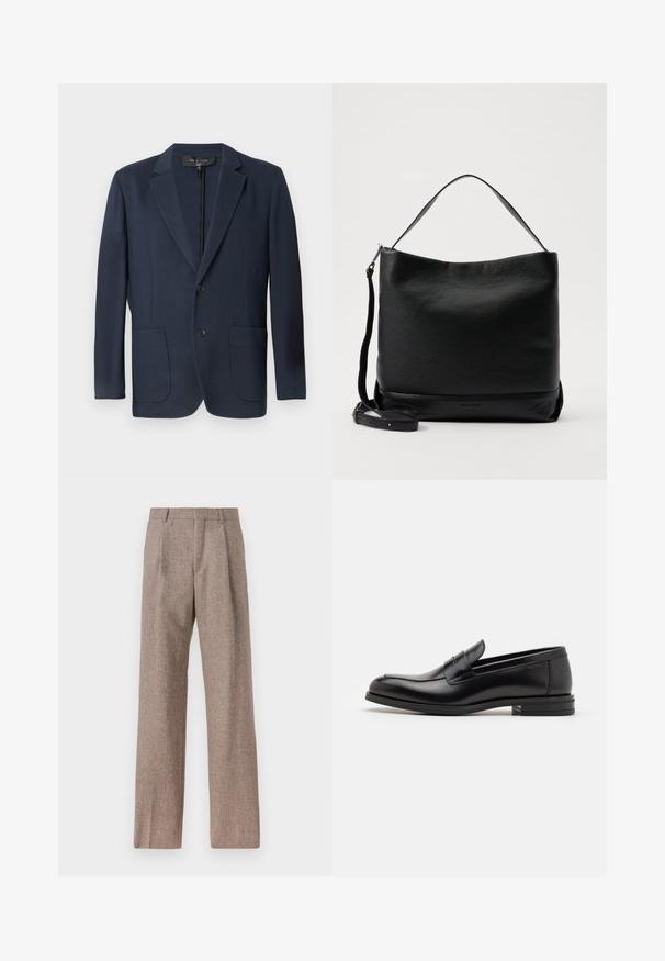 Blazer blu marino con una silhouette strutturata, chiusura a doppio bottone, due tasche frontali e finitura texture. Adatto per occasioni formali.; T-shirt bianca a maniche corte in cotone con scollatura rotonda. Design semplice senza fantasie o accenti. Texture liscia.; Pantaloni marroni a vita alta realizzati in tessuto testurizzato. Presentano gambe ampie e due pieghe frontali per struttura. Rifinitura curata senza hardware visibile.; Mocassini neri in pelle con una texture liscia, punta arrotondata e una striscia decorativa sulla tomaia. Tacco basso impilato, design minimalista.; Borsa a spalla in pelle nera con una finitura testurizzata, una parte superiore curva e una tracolla removibile. Presenta un design semplice con hardware minimale.