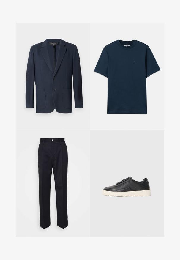 Navy blazer with a structured silhouette, double-button closure, two front pockets, and a textured finish. Suitable for formal occasions.; Navy blue cotton t-shirt with a crew neck, short sleeves, and a subtle logo printed on the chest. Smooth texture and classic fit.; Black tailored trousers with a straight-leg design, made of smooth fabric, featuring a front button closure and two side pockets.; Black leather sneaker with textured finish, round toe, and flat white rubber sole. Features black laces and branding on the heel.
