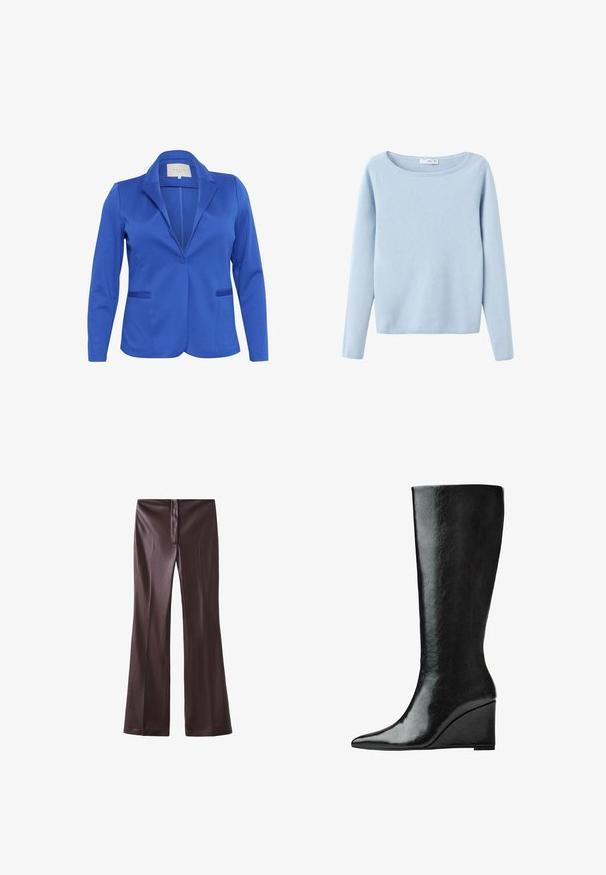 Blazer bleu en tissu lisse, avec un col cranté, une fermeture à un bouton, deux poches avant et une silhouette ajustée.; Pull en maille bleu clair à manches longues avec un large col rond, style simple, et côtes aux poignets et à l'ourlet.; Pantalons évasés marron en tissu lisse avec une finition élégante. Dotés d'une fermeture éclair à l'avant et d'une taille épurée.; Bottes en cuir noires jusqu'aux genoux avec un bout pointu et un talon compensé. La surface est lisse avec une finition brillante.