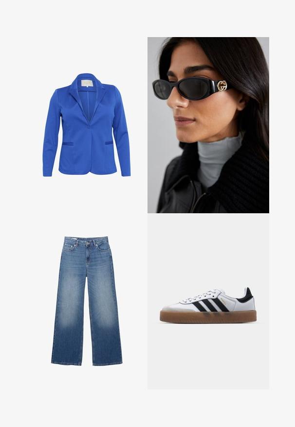 Modra blazer iz gladkega blaga z oblikovanim ovratnikom, eno gumbom, dvema sprednjima žepoma in prilegajočo silhueto.; Denimska srajca, temno indigo barve, klasičen ovratnik, dolgi rokavi, gumbasta zapirala, poudarjena z rjavim usnjenim pasom na pasu.; Široke, svetlo modre kavbojke z bledejšim videzom, petimi žepi in gumbom za zapiranje v pasu. Iz bombažnega materiala, ravna kroja.; Bele usnjene športne copate z črnimi linijami, gumijastim podplatom, okroglo konico, zapiranjem s vezalkami in mehko sivo zamšasto konico.; Črne sončne očala z elegantnim pravokotnim okvirjem in zlatim logotipom na strani. Temna stekla in sijajna površina sta izrazita.