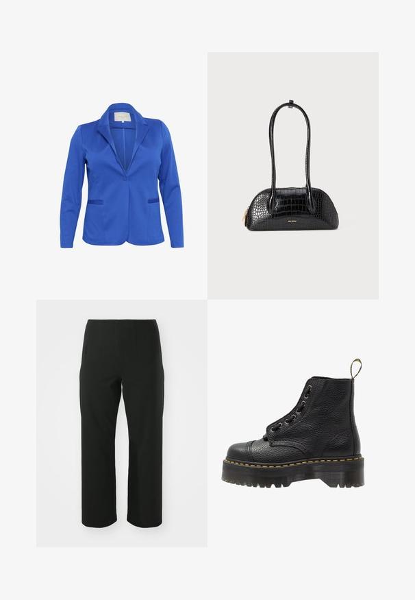 Modrý blejzr vyrobený z hladké tkaniny, s klopovým límcem, zapínáním na jeden knoflík, dvěma předními kapsami a přiléhavým střihem.; Černý top s dlouhými krajkovými rukávy, který má pevným černým tělem a květinovými krajkovými detaily. Kulatý výstřih s hladkým texture.; Vero Moda Curve VMCAUGUSTA PANT - Kalhoty - black; Černá kožená kotníková bota s texturovaným povrchem, kulatou špičkou, šněrovacím designem, žlutým prošíváním a silnou, vroubkovanou černou podešví.; Černá kabelka s krokodýlím vzorem, hladkým povrchem, zaobleným tvarem a dvěma štíhlými uchy. Zlatý logo akcent poblíž základny.; Stříbrné kruhové náušnice s minimalistickým designem. Kruh, hladký povrch a tenký profil. Lehká konstrukce s lesklým povrchem.