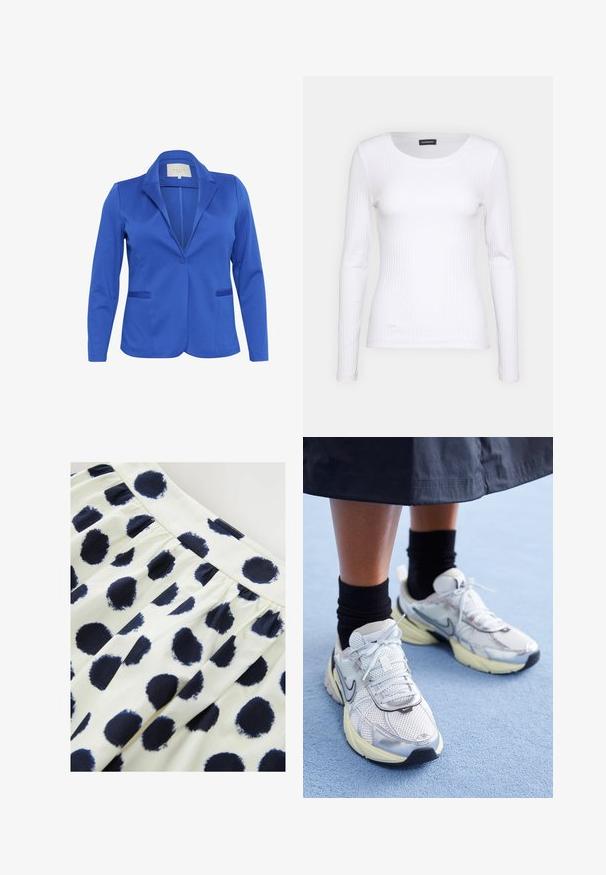 Blazer bleu en tissu lisse, avec un col cranté, une fermeture à un bouton, deux poches avant et une silhouette ajustée.; T-shirt à manches longues blanc côtelé avec un col rond. Fabriqué en un tissu extensible qui épouse le corps. Présente de fines lignes horizontales.; Jupe en tissu blanc avec des pois ronds bleu marine. La jupe a une taille froncée et une texture lisse.; Baskets Nike blanches et argentées avec tissu en maille, accents réfléchissants et semelle beige. Portées avec des chaussettes noires, se tenant sur une surface bleue.