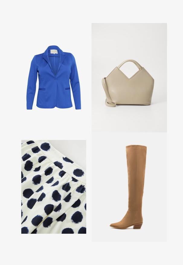 Blazer blu in tessuto liscio, con colletto a rever, chiusura a un bottone, due tasche frontali e silhouette aderente.; T-shirt a maniche lunghe in cotone azzurro chiaro. Presenta un collo rotondo e cuciture semplici. L'etichetta riporta "NEXT", taglia S.; Gonna di tessuto bianco con pois circolari blu navy. La gonna ha una vita arricciata e una superficie liscia.; Stivali color cammello al ginocchio realizzati in un materiale liscio, con punta affilata e tacco basso impilato. Design semplice, senza motivi o accenti visibili.; Borsa a mano strutturata beige con un'apertura a V, in pelle liscia, manici corti e una lunga tracolla regolabile. Design minimalista.