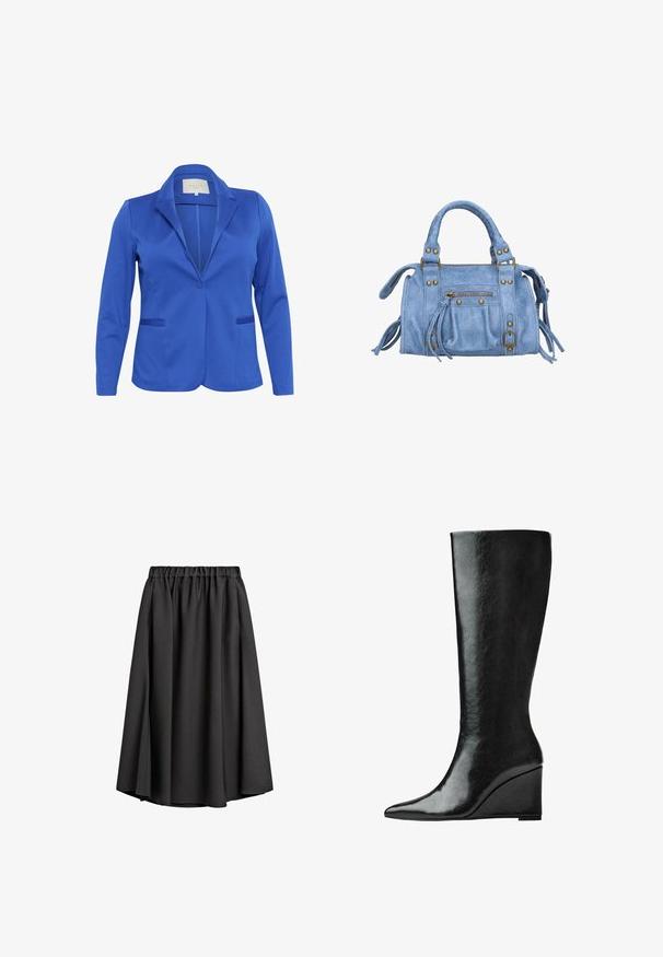 Blue blazer made of smooth fabric, featuring a notched collar, single button closure, two front pockets, and fitted silhouette.; Long-sleeve shirt in soft, light blue fabric. Features a wide scoop neckline and straight cut with side slits. Smooth texture.; Black midi skirt made of lightweight, flowing fabric with an elastic waistband and a slight A-line silhouette. No visible patterns or accents.; Knee-high black leather boots with a sleek, pointed toe and a wedge heel. The surface is smooth with a glossy finish.; Light blue faux leather handbag with a structured shape, gold hardware accents, zippered pocket, and decorative fringe details on the sides.