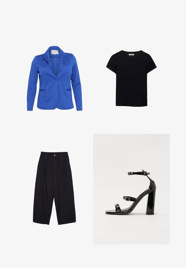 Blazer blu in tessuto liscio, con colletto a rever, chiusura a un bottone, due tasche frontali e silhouette aderente.; T-shirt nero a maniche corte realizzato in tessuto morbido. Presenta un classico collo rotondo e una vestibilità rilassata. Nessun motivo o accento visibile.; Pantaloni culotte neri in poliestere con una cintura elastica, due pieghe frontali e una silhouette ampia. Nessun motivo visibile o dettagli in metallo.; Sandali con tacco in vernice nera, con punta squadrata, cinturini alla caviglia e fibbie in argento. Presentano un tacco a blocco spesso per maggiore stabilità.