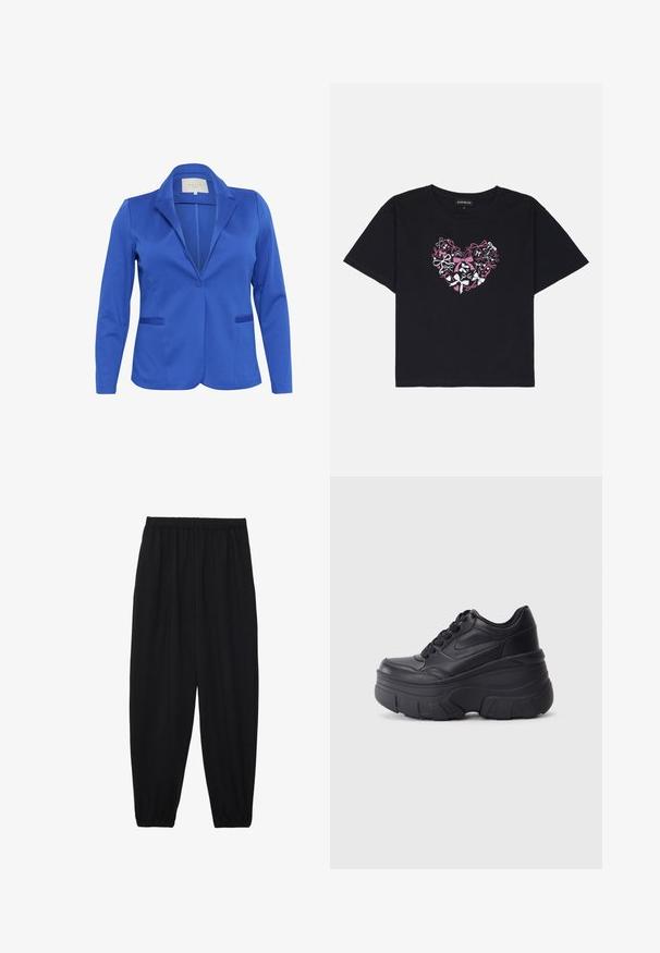 Blue blazer made of smooth fabric, featuring a notched collar, single button closure, two front pockets, and fitted silhouette.; Black cotton t-shirt with short sleeves featuring a heart design made of colorful bows in pink, white, and black at the center.; Black, lightweight pants with an elastic waistband and gathered ankles. The fabric is smooth and features a relaxed, tapered design.; Black lace-up sneakers with a chunky sole, featuring smooth leather upper, rounded toe, and distinct layered platform design.