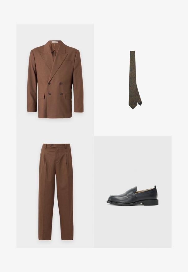 Brown double-breasted blazer made of textured fabric, featuring a notched lapel, two front pockets, and dark buttons.; Two long-sleeve shirts: one light pink, one white. Both feature pointed collars and button closures. Smooth fabric with no patterns.; Brown knit sleeveless top with a ribbed texture, high neckline, and side slits. Features a fitted hem and soft fabric.; Brown tailored trousers with a straight fit, visible pleats, front pockets, and a single button closure at the waistband. Smooth texture.; Black leather loafers featuring a smooth finish, a flat sole, and a rounded toe with a decorative strap across the upper.; Green tie with a paisley pattern in orange and blue. Made of fabric, it features a pointed end and a small tag on the narrow end.