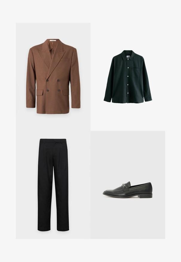 Rudas dvigubas švarkas, pagamintas iš tekstūruotos medžiagos, su smakrinėmis atverslomis, dviem priekinėmis kišenėmis ir tamsiais mygtukais.; Tamsiai žalia marškinėliai su apykakle, ilgomis rankovėmis ir viena krūtinės kišene; turi baltus mygtukus ir švelnų tekstūrą.; Juodi kelnių modeliai, pagaminti iš lygios medžiagos, turi tiesią kojas, du priekiniai klostės ir standartinę juosmenį su diržo kilpomis.; Juodos odinės loafer tipo bateliai su lygiu paviršiumi, turintys siuvinėtą dizainą ir dekoratyvų metalo grandinėlės akcentą ant batų viršaus. Plokščias kulnas.