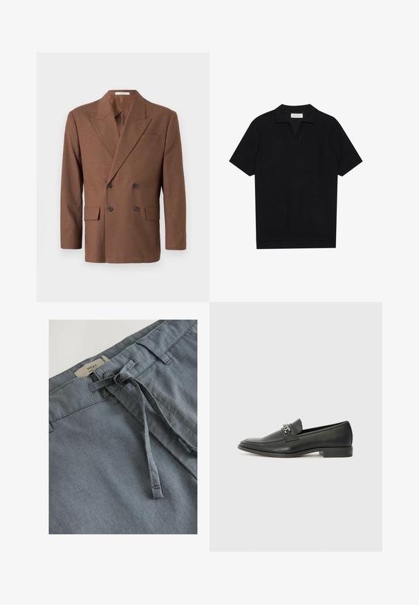 Smeđi dvostruko nastavljeni sako od teksturirane tkanine, s oštrim reverima, dva prednja džepa i tamnim dugmadima.; Crna polu-majica kratkih rukava s teksturiranim, rebrastim materijalom, s V-izrezom i ravnim rubom. Bez vidljivih logotipa ili uzoraka.; Sivi platneni šortsevi s mekim teksturom, s ušicom za vezanje i petljama za pojas. Na etiketi je označeno "NEXT" na struku.; Crna kožna loafer cipela s glatkom finišem, s ušivenim uzorkom i dekorativnim metalnim lancem preko prednjeg dijela. Ravni potplat.
