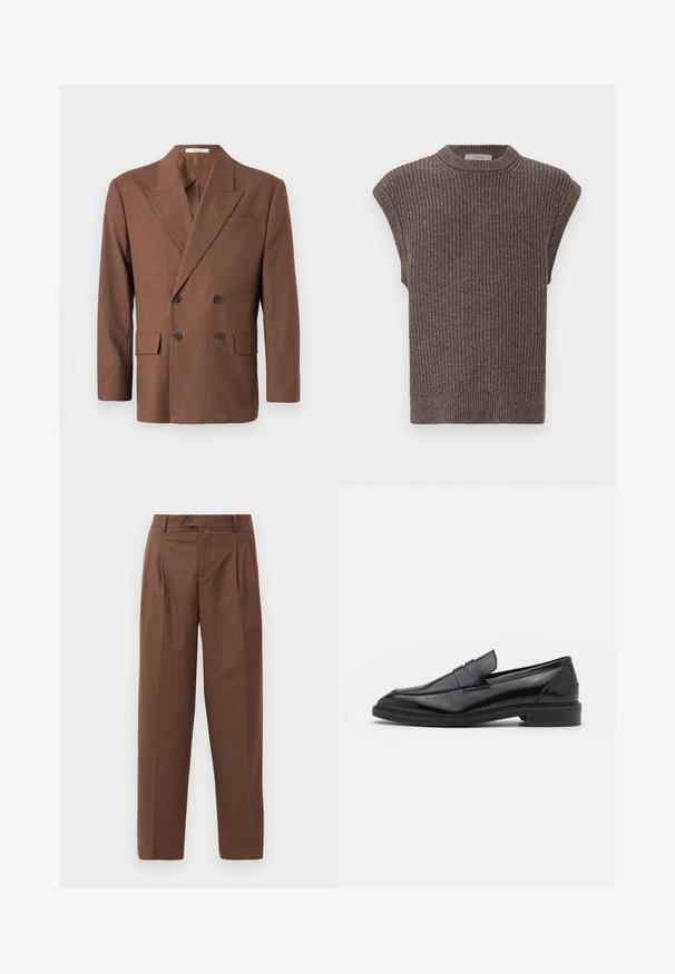 Brown double-breasted blazer made of textured fabric, featuring a notched lapel, two front pockets, and dark buttons.; Brown knit sleeveless top with a ribbed texture, high neckline, and side slits. Features a fitted hem and soft fabric.; Brown tailored trousers with a straight fit, visible pleats, front pockets, and a single button closure at the waistband. Smooth texture.; Black leather loafers with a smooth finish, featuring a rounded toe and a narrow band across the upper. Low stacked heel.