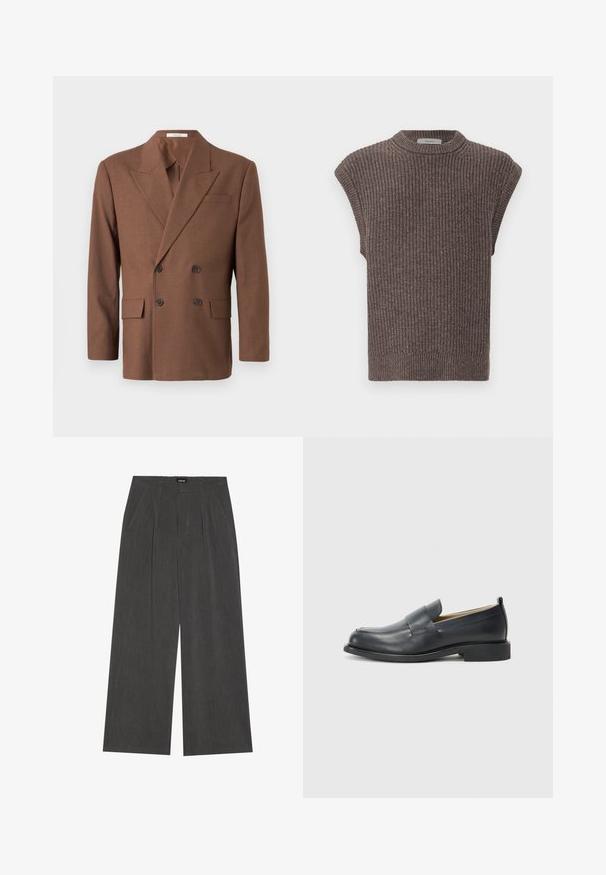 Brauner, doppelt-reihiger Blazer aus strukturiertem Stoff, mit Reverskragen, zwei vorderen Taschen und dunklen Knöpfen.; Braun gestricktes ärmelloses Top mit gerippter Textur, hohem Ausschnitt und seitlichen Schlitzen. Verfügt über einen engen Saum und weichen Stoff.; Weite Hosen aus dunkelgrauem Stoff mit einem gefalteten Vorderteil, zwei Seitentaschen und einem flachen Bund. Angenehme Textur und maßgeschneidertes Design.; Schwarzlederne Slipper mit einem glatten Finish, einer flachen Sohle und einer abgerundeten Zehenpartie, die einen dekorativen Riemen über dem Obermaterial aufweisen.