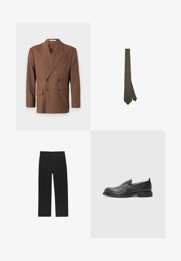 Brauner, doppelt-reihiger Blazer aus strukturiertem Stoff, mit Reverskragen, zwei vorderen Taschen und dunklen Knöpfen.; Braun gestricktes ärmelloses Top mit gerippter Textur, hohem Ausschnitt und seitlichen Schlitzen. Verfügt über einen engen Saum und weichen Stoff.; Schwarze Hose mit geradem Schnitt, aus einem glatten Stoff gefertigt. Verfügt über Vorderfalten und einen einzelnen Knopfverschluss an der Taille.; Schwarzlederne Slipper mit einem glatten Finish, einer flachen Sohle und einer abgerundeten Zehenpartie, die einen dekorativen Riemen über dem Obermaterial aufweisen.; Grüne Krawatte mit einem Paisleymuster in Orange und Blau. Hergestellt aus Stoff, hat sie ein spitzes Ende und ein kleines Etikett am schmalen Ende.
