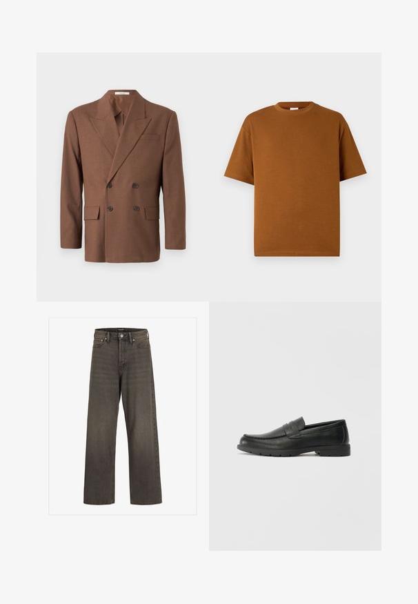 Rudas dvigubas švarkas, pagamintas iš tekstūruotos medžiagos, su smakrinėmis atverslomis, dviem priekinėmis kišenėmis ir tamsiais mygtukais.; Ruda trumpa rankovė t-shirt pagaminta iš minkštos medžiagos, turi apvalų iškirpimą ir laisvą siluetą su tiesiu kraštu. Matomų raštų ar akcentų nėra.; Plati kojinės džinsai tamsiai pilkos spalvos džinsinio audinio, su aukštu liemeniu, klasikinio penkių kišenių dizainu ir kontrastinga siuvimo linija siūlėse.; Juodai odiniai loaferiai su sklandžiu paviršiumi, mokasino stiliaus viršus, siuvinėjimu ir guminėmis padangomis. Klasikinis dizainas su žemu kulnu.