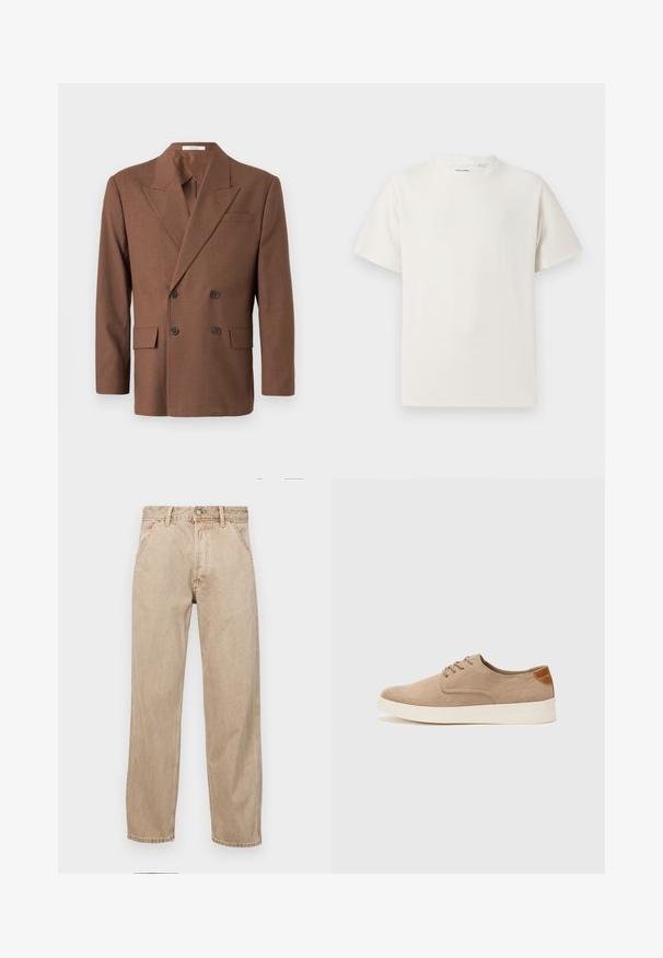 Rudas dvigubas švarkas, pagamintas iš tekstūruotos medžiagos, su smakrinėmis atverslomis, dviem priekinėmis kišenėmis ir tamsiais mygtukais.; Balta trumpa rankovė T-polo marškinėlių su juostelėmis tekstūra. Apvalus iškirpimas, laisvas fasonas, jokių matomų raštų ar akcentų. Paprastas ir universalus dizainas.; Smėlio spalvos džinsai su tiesia kojų siluetu, turintys priekinę kišenę, metalinį mygtuką ir subtilią tekstūrą.; Bežiniai zomšiniai sportbačiai su apvaliomis pirštų dalimis, raišteliais priekyje ir tekstūruotu užkulniu. Balta guma suteikia kontrastą. Paprastas ir modernus dizainas.