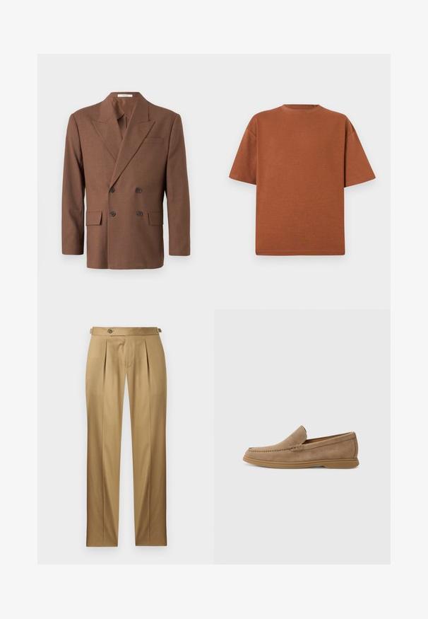 Blazer marrone doppiopetto in tessuto testurizzato, con revers a punta, due tasche frontali e bottoni scuri.; T-shirt in cotone marrone con collo rotondo, maniche corte e vestibilità rilassata. Il tessuto ha una texture morbida e cuciture minime.; Pantaloni beige con vestibilità dritta, caratterizzati da pinces, chiusura con bottone e passanti per cintura. Tessuto liscio con un aspetto pulito e sartoriale.; Mocassini slip-on in suede marrone con una texture liscia e dettagli cuciti; presentano una suola in gomma per una migliore aderenza.