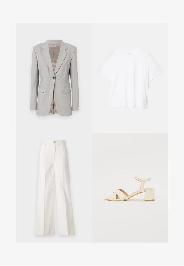 Svijetlosivi sako izrađen od teksturirane tkanine. Ima rever s izrezom, zatvaranje na jedan gumb i dva prednja džepa. Satenska podstava.; Bijela pamučna majica s kratkim rukavima, okruglim izrezom, opuštenim krojem i šivenim rubom. Etiketa je vidljiva na unutarnjoj strani vrata.; Bijele široke hlače izrađene od pamuka s glatkom teksturom. Imaju prednji gumb, patentni zatvarač i dizajn s četiri džepa.; Bež sandale od lakirane kože na visokoj peti s dizajnom preklopnog remena, otvorenim prstima, podesivim remenom oko gležnja i blok petom. Glatka tekstura.
