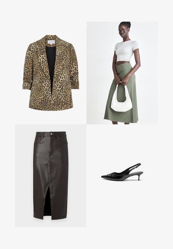 Bleiseri, joka on leopardikuosisella, yksirivisellä muodolla varustettu. Siinä on terävät kaulukset, kaksi etutaskua ja sileä rakenne ruskean ja mustan sävyissä.; Musta ruskea pitkähihaisen crew neck -paita, jossa on slim fit -mukavuus, esitelty valkoisella taustalla.; Ruskea nahkainen midi-hame, jossa on etuhalkio, viisi taskua ja metallinappikiinnitys. Silkkinen pinta ja istuva leikkaus.; Mustat nahkaiset slingback-korkokengät, joissa on terävä kärki, pieni kitten-korko ja koristeellinen solki edessä. Yksinkertainen pinta kauttaaltaan.; Harmaa ribbattu crop-top ja oliivinvihreä korkeavyötäröinen hame. Malli pitää valkoista olkalaukkua, jossa on leikattu yksityiskohtia. Yksinkertainen muotoilu, vartalonmyötäinen siluetti.