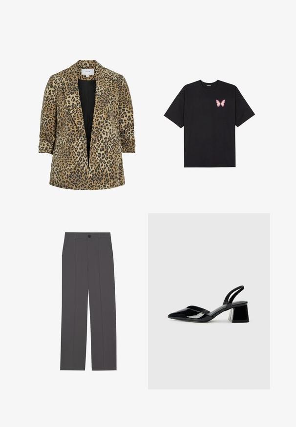 Blazer en imprimé léopard avec un design à boutonnière unique, des revers pointus, deux poches avant et une texture lisse dans des tons de beige et de noir.; T-shirt en coton noir à manches courtes, avec un petit graphique de papillon rose sur la poitrine gauche. Modèle à col rond avec une coupe décontractée.; Pantalons gris avec une coupe droite, comprenant deux poches latérales et une fermeture à bouton. Tissu lisse sans motifs ni accents visibles.; Escarpins en cuir verni noir avec bout pointu et talon bloc géométrique. Présente un design élégant et minimaliste ainsi qu'une texture lisse.