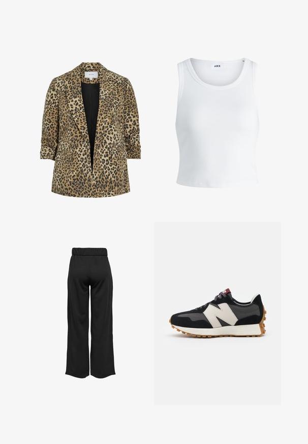 Leopardimustriga bleiser, millel on ühe nööpidega disain, teravad kraed, kaks esikotit ja sile tekstuur beeži ja musta varjundites.; Valge ribakujuline tank top, millel on ümmargune kaelus, varrukateta disain ja lühike pikkus. Silt ütleb "JJXX." Sile kangast tekstuur.; Mustad, laiad püksid elastse vöökohtaga, valmistatud siledast kangast. Omab lihtsat disaini, ilma taskute või nähtavate õmbluste detailideta.; Mustmust ja halli nubukist tennisajal on suur kreemjas "N" logo, lilla paelad ja tekstureeritud kummist välispohja.