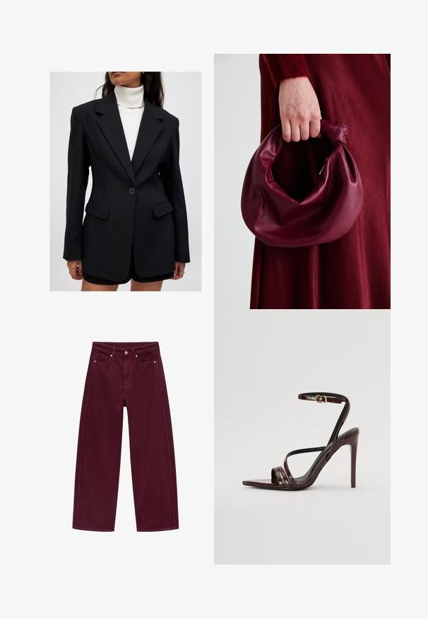Mustapuku, jossa on tyylitelty istuvuus, teksturoitu kangas, notkat lerput, yksittäinen napitus ja kaksi etutaskua, yhdistetty valkoisen korkean kauluksen kanssa.; Epämuodollinen musta toppi, joka on valmistettu sileästä kankaasta. Tässä on poimutettu muotoilu ja kultasävyinen varustesävy yhdellä puolella.; Burgundy levelekkäät farkut, jotka on valmistettu puuvilladenimistä. Niissä on neljän taskun muotoilu ja metallinen napitus matching-tikkauksella.; Burgundy patentoitu nahkainen korkokenkä, jossa on nilkkaremmi, teräväkärkinen muotoilu ja kolme vaakaista remmiä jalkaterän yli. Kultaiseen sävyyn viimeistelty solki.; Burgundy-nahkakäsilaukku, jossa on pehmeä, ryppyinen muotoilu ja pyöreä muoto. Kahva on kiinnitetty tukevasti, ja siinä on sileä pinta.
