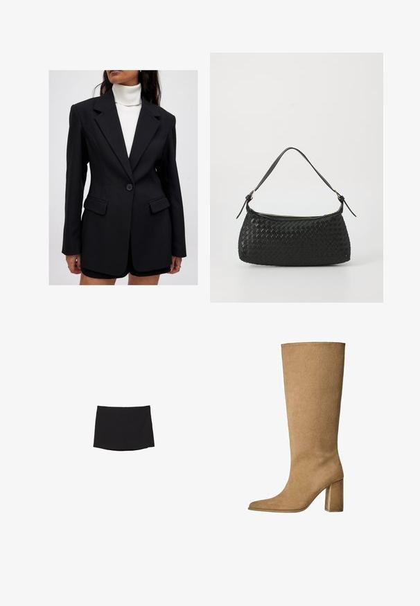 Svart blazer med skräddarsydd passform, texturerat tyg, notcherad krage, enknappsstängning och två framfickor, parat med en vit polotröja.; Svart långärmad topp med ett texturerat, öppet stickat mönster, med en vid rund halsringning och en knytning i ryggen.; Svart minikjol i slät, elastisk tyg; har en rak passform med en diskret fåll och inga synliga knäppningar eller mönster.; Tan mockasins knähöga stövlar med blockklack, med spetsig tå och slät textur. Minimalistisk design utan utsmyckningar.; Svart vävd axelväska med ett slätt läderhandtag och dragkedjestängning. Har en strukturerad yta och en böjd form.