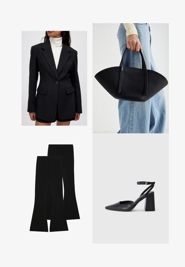 Črn blazer s krojem po meri, teksturirano blago, odrezanimi reverji, enojnim gumbom in dvema sprednjima žepoma, v kombinaciji z belim turtleneckom.; Črno-beli dolg rokav t-shirti z okroglimi izrezi, mehkim blagom in prilegajočim dizajnom z ravnimi robovi.; Črne razširjene hlače iz elastičnega materiala, z visokim pasom in gladko teksturo, prilegajočega dizajna, ki se razširijo od kolena naprej.; Črne usnjene klasične čevlje z ostrim nosom, z zaponko za gleženj in debelim peto. Ravna tekstura, eleganten dizajn in minimalistična estetika.; Črna usnjena torbica z edinstveno obliko ventilatorja, z ravnimi ročaji. Površina ima teksturo z drobnimi kamni in minimalističen dizajn.