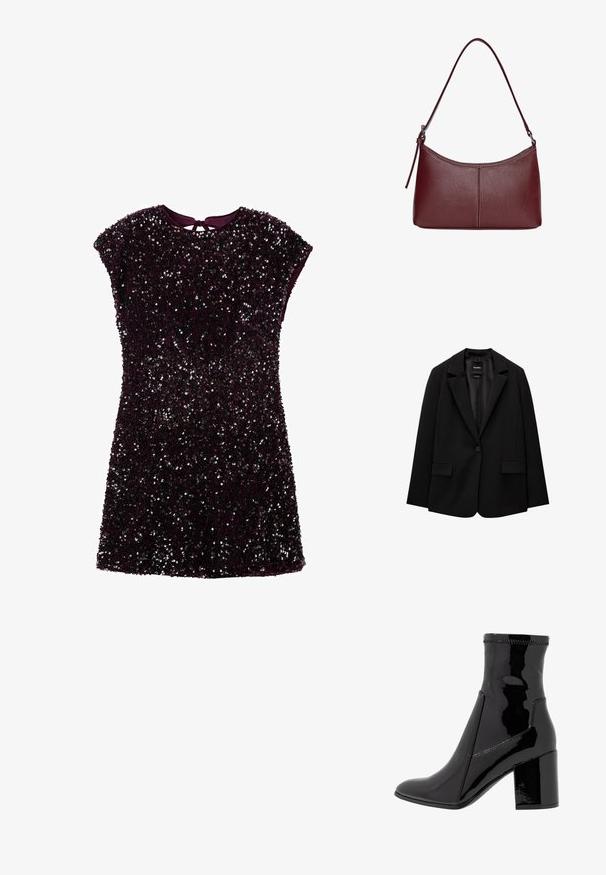 Black blazer made of smooth fabric with a single button closure, notched lapels, and two front pockets. Minimalist design, tailored fit.; Short purple dress covered in sequins, featuring cap sleeves and a keyhole back detail. Smooth fabric with a textured sparkle effect.; Black patent ankle boot with a smooth texture, pointed toe, and a structured block heel. Features a zip-free design and contrasting stitching.; Maroon leather handbag with a curved shape, a single shoulder strap, and stitched detailing at the center. Smooth texture, minimal hardware.