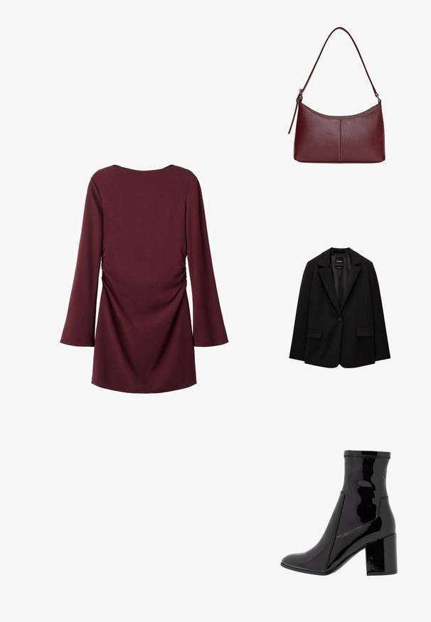 Black blazer made of smooth fabric with a single button closure, notched lapels, and two front pockets. Minimalist design, tailored fit.; Maroons-colored dress with long, flared sleeves and ruched detailing along the sides. Smooth fabric with a round neckline and slightly fitted design.; Black patent ankle boot with a smooth texture, pointed toe, and a structured block heel. Features a zip-free design and contrasting stitching.; Maroon leather handbag with a curved shape, a single shoulder strap, and stitched detailing at the center. Smooth texture, minimal hardware.
