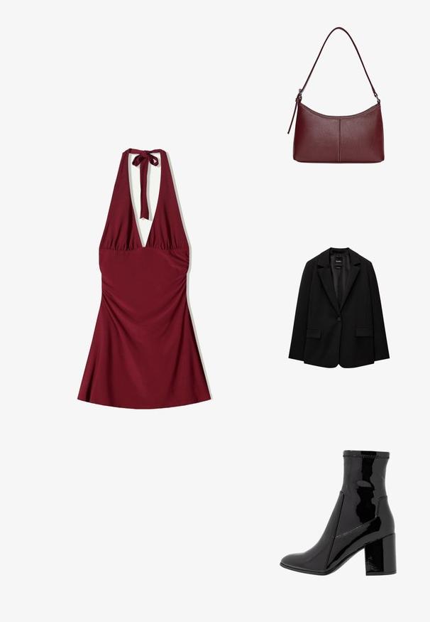 Black blazer made of smooth fabric with a single button closure, notched lapels, and two front pockets. Minimalist design, tailored fit.; Burgundy halter dress with a deep V-neckline, gathered waist, and flowing skirt. Soft fabric with a smooth texture and adjustable tie.; Black patent ankle boot with a smooth texture, pointed toe, and a structured block heel. Features a zip-free design and contrasting stitching.; Maroon leather handbag with a curved shape, a single shoulder strap, and stitched detailing at the center. Smooth texture, minimal hardware.