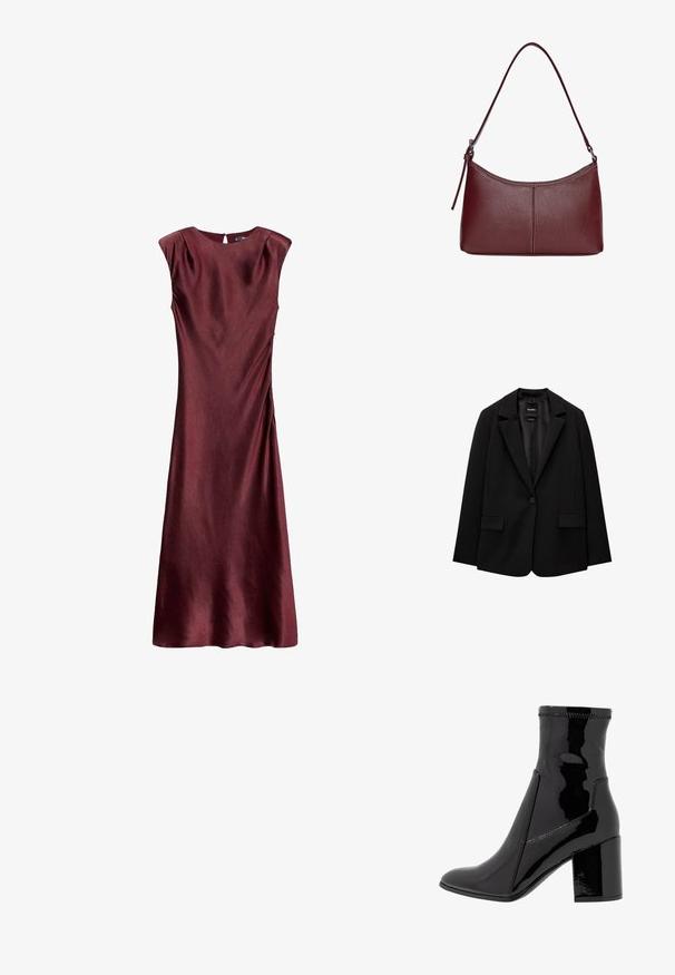Schwarzer Blazer aus glattem Stoff mit einem Knopfverschluss, abgesetztem Revers und zwei vorderen Taschen. Minimalistisches Design, taillierte Passform.; Ärmelloses burgunderfarbenes Midikleid mit seitlicher Raffung und einem kleinen Knopfverschluss am Ausschnitt hinten.; Schwarze, lackierte Knöchelstiefel mit glatter Textur, spitzem Zeh und strukturiertem Blockabsatz. Verfügt über ein reißverschlussfreies Design und kontrastierende Nähte.; Bordeauxfarbene Ledertasche mit geschwungener Form, einem einzigen Schulterriemen und gesteppten Details in der Mitte. Glatte Textur, minimales Zubehör.