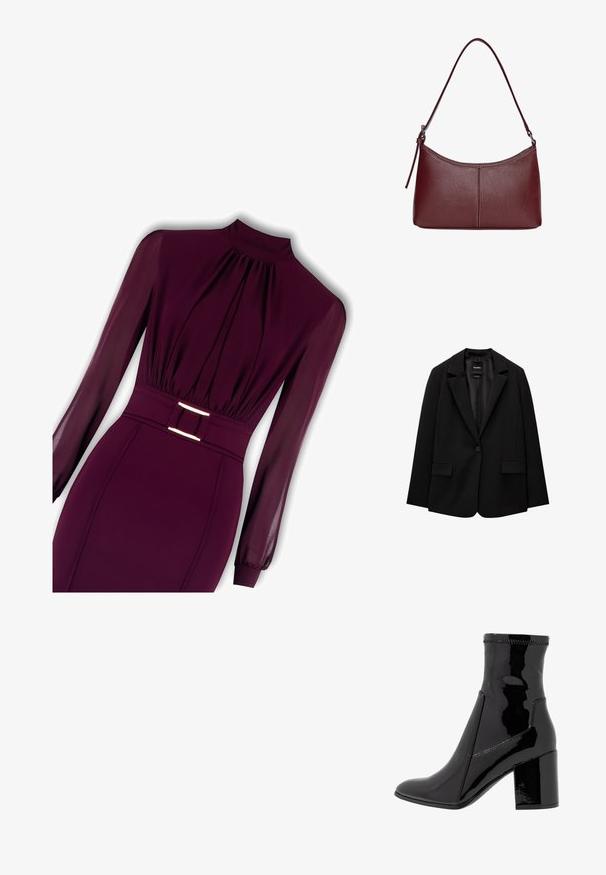 Black blazer made of smooth fabric with a single button closure, notched lapels, and two front pockets. Minimalist design, tailored fit.; Burgundy dress with sheer long sleeves, pleated bodice, and a fitted waist defined by a belt featuring a metallic buckle.; Black patent ankle boot with a smooth texture, pointed toe, and a structured block heel. Features a zip-free design and contrasting stitching.; Maroon leather handbag with a curved shape, a single shoulder strap, and stitched detailing at the center. Smooth texture, minimal hardware.