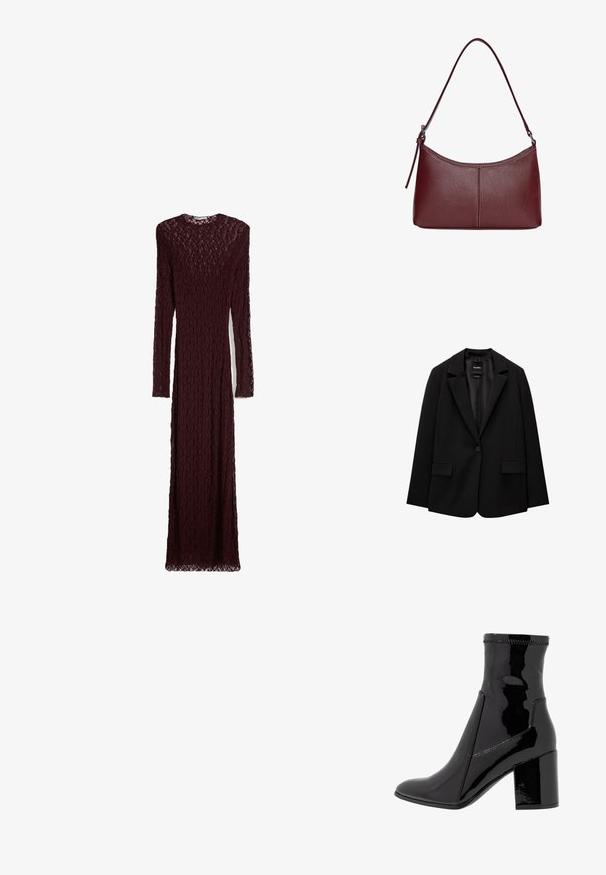 Black blazer made of smooth fabric with a single button closure, notched lapels, and two front pockets. Minimalist design, tailored fit.; Burgundy lace dress with long sleeves, a crew neckline, and a floor-length design featuring a textured pattern and sheer details.; Black patent ankle boot with a smooth texture, pointed toe, and a structured block heel. Features a zip-free design and contrasting stitching.; Maroon leather handbag with a curved shape, a single shoulder strap, and stitched detailing at the center. Smooth texture, minimal hardware.