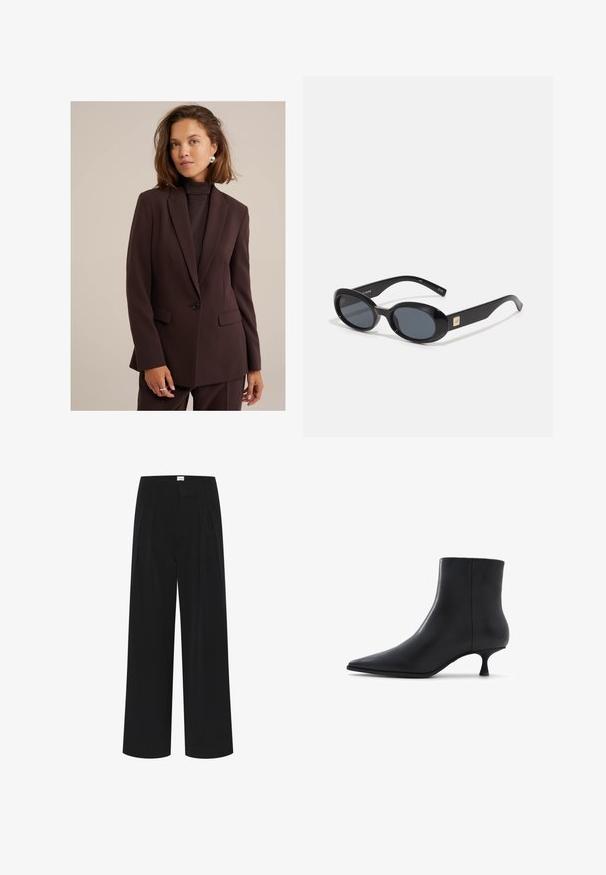 WE Fashion - Żakiet; Intimissimi - Bluzka z długim rękawem; Czarne spodnie o szerokich nogawkach, z wysokim stanem, plisami i gładką fakturą. Minimalistyczny design bez widocznych wzorów czy elementów ozdobnych.; ALDO EMMALIE czarny; Czarne owalne okulary przeciwsłoneczne z ciemnymi soczewkami, błyszcząca plastikowa oprawka, szerokie zauszniki i mały złoty akcent z jednej strony.