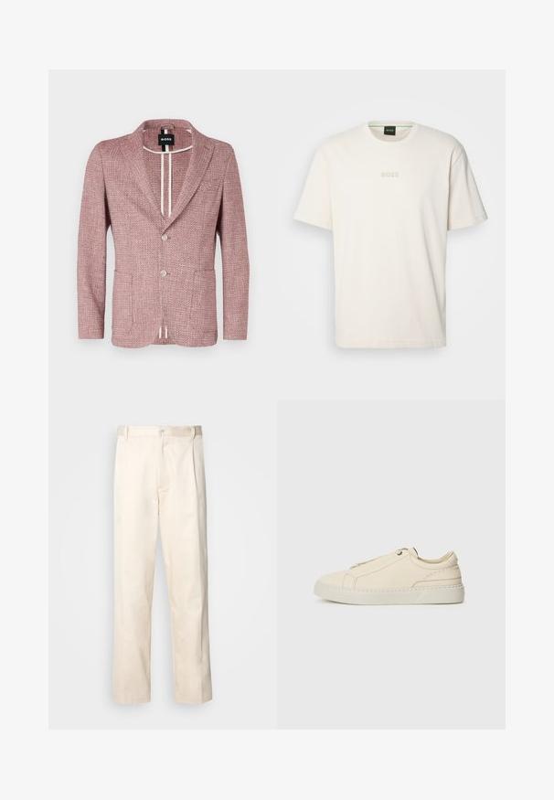 Blazer rosa testurizzato con colletto a scialle, due tasche frontali e due bottoni, con cuciture a contrasto e un'etichetta con la scritta "BOSS."; BOSS TEE - T-shirt basic - open white; Pantaloni in cotone beige con taglio dritto, dotati di chiusura a bottone e pence sul davanti per un tocco di dettaglio in più.; Sneaker in pelle beige con punta arrotondata, design minimalista, dettagli di cucitura sottili e una parte superiore testurizzata, su una suola chiara.