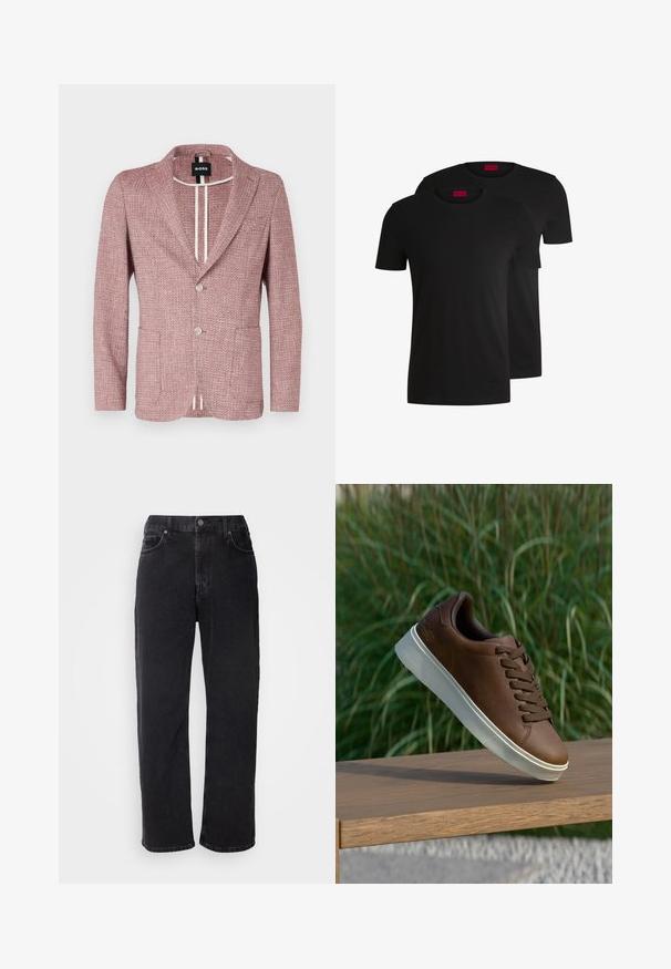 Tekstuuriga roosa bleiser, millel on šaalikaelus, kaks eesmist taskut ja kaks nööpi, kontrastselt õmmeldud ning sildiga "BOSS."; Kaks musta puuvillast lühikeste varrukatega t-särki, millel on ümmargune kaelus. Mõlemal on kaeluse juures punane brändimärk. Lihtne ja klassikaline disain.; Mustad teksad sirge lõikega, viie taskuga ja kontrastsete õmblustega. Omab nööpkinnitust ja vöölõikeid.; Pruun nahast tenniseking valge kummist tallaga, ümar varvas ja pruunid laced. Talla tekstuuriline haardepind ja ülemise sile pind.