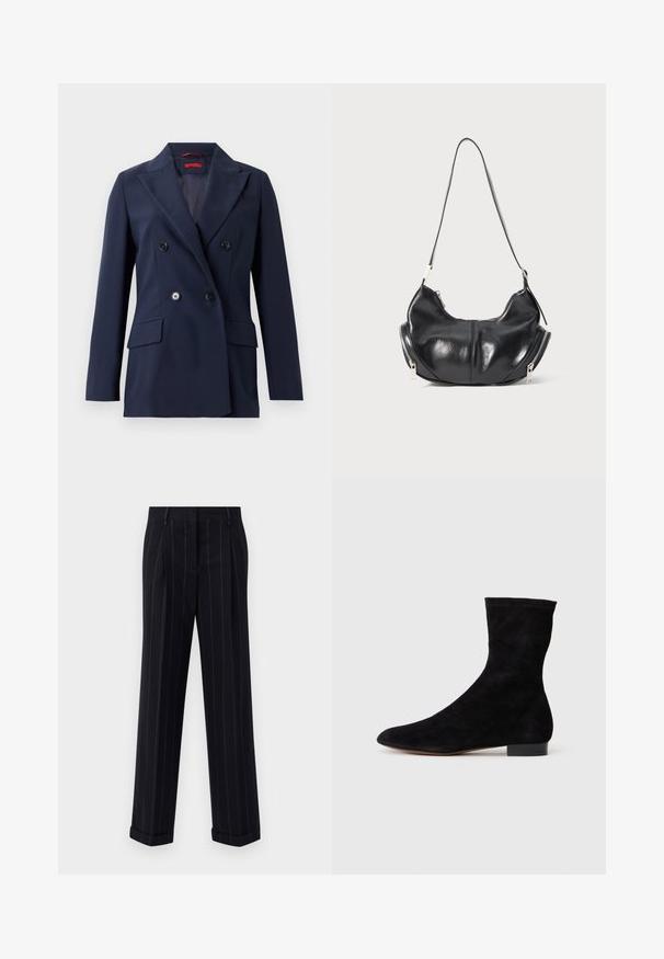 Tumedast sinine topeltkinnitatud bleiser, mis on valmistatud siledast kangast. Bleiseril on kaks esist taskut ja mustad nööbid, omades struktureeritud ja kohandatud disaini.; Mustalane särk pikki varrukatega, millel on rinna peal väike valge südame sümbol. Pehme kangas ja mugav lõige.; Mustra mustriga tumeda värvusega püksid, millel on kohandatud lõige, varras ja ees olevad voldid. Valmistatud siledast kangast, millel on struktureeritud disain.; Musthave mustan nahast pahkluu saabas, millel on kitsas vars, terav nina ja madal plokk-konts. Pehme tekstuur ja minimalistlik disain, sobib mitmekesiseks stiliseerimiseks.; Must musta kuju õlaline kott, millel on hõbedased tõmblukud mõlemal küljel ja üks rihm.