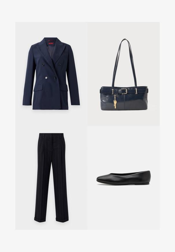 Mörkblå dubbelknäppt kavaj i mjukt tyg, med två framfickor och svarta knappar på en strukturerad, skräddarsydd design.; Mörkblå tröja med rund halsringning, långa raglanärmar, ribbade mudd och rak nederkant. Tillverkad av ett mjukt, texturerat stickat material.; Svarta randiga byxor med skräddarsydd passform, med uppvikta fållar och frontveck. Tillverkade av ett mjukt tyg med en strukturerad design.; Paul Smith TOPANGA - Ballerinaskor - black; Marinblå läderhandväska med två långa handtag, en spänndetalj och en nyckelring fäst. Har en slät yta och en rektangulär form.