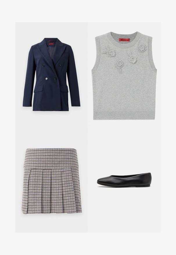 Blazer azul-marinho de dois botões, feito de tecido suave, apresentando dois bolsos frontais e botões pretos em um design estruturado e sob medida.; Sweater sem mangas de cor cinza claro, com decote e barra canelados. Apresenta três aplicações florais texturizadas na parte da frente. Etiqueta da marca: MAX&Co.; Saia plissada em padrão xadrez castanho, bege e azul. Feita de um tecido texturizado com uma cintura justa e pregas decorativas.; Paul Smith TOPANGA - Sabrinas - black