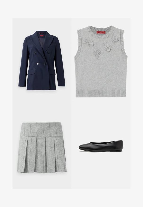 Navy blue double-breasted blazer made of smooth fabric, featuring two front pockets and black buttons on a structured, tailored design.; Light grey sleeveless sweater with a ribbed neckline and hem. Features three textured floral appliqués on the front. Brand label: MAX&Co.; Gray pleated skirt made from herringbone-patterned fabric; features a structured waistband and a straight cut at the bottom.; Paul Smith TOPANGA - Ballet pumps - black