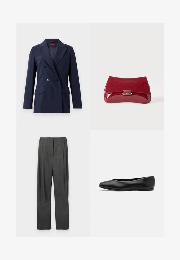 Granatowa marynarka dwurzędowa wykonana z gładkiego materiału, posiadająca dwie przednie kieszenie i czarne guziki na usztywnionym, skrojonym fasonie.; Biała, długorękawowa koszula z guzikami i kołnierzykiem mandarynkowym, z ukrytym zapięciem na guziki, prezentowana na białym tle.; Szare spodnie o dopasowanym kroju, wykonane z tkaniny o splocie, z prostą nogawką, plisami z przodu oraz gładką teksturą.; Paul Smith TOPANGA czarny; Czerwony lakierowany skórzany kopertówka o zaokrąglonym kształcie, z klapą składana oraz metalowym logo na srebrnej tabliczce. Gładka, błyszcząca tekstura.
