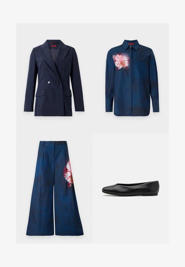 Navy blue double-breasted blazer made of smooth fabric, featuring two front pockets and black buttons on a structured, tailored design.; Navy blue shirt with a floral design in pink tones on the left chest, featuring a button-down collar and a single pocket on the front.; Wide-leg trousers in dark navy fabric, featuring a floral print in pink and yellow on one side, with a button closure at the waist.; Paul Smith TOPANGA - Ballet pumps - black