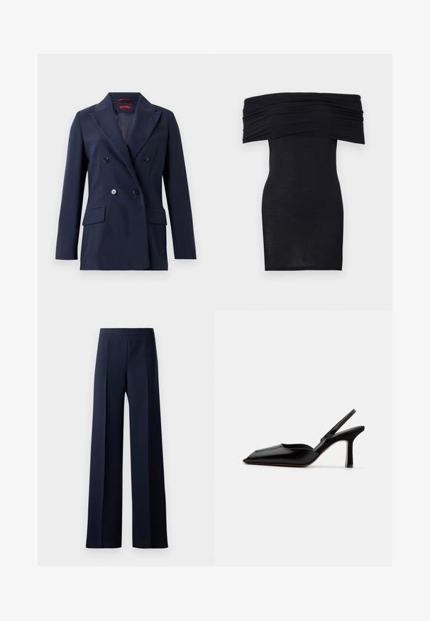Jūras zilas, divrindas bleizers, izgatavots no gludas auduma, ar divām priekšējām kabatām un melniem pogām, ar strukturētu, pielāgotu dizainu.; Melnā kleita bez pleciem ar saplacinātu apkakli, šaura piegriezuma un gluda tekstūra. Minimalistisks dizains, ceļgala garumā, bez papildus rotājumiem.; Platas kājas bikses tumši zilas auduma, ar gludu tekstūru, smalkiem priekšējiem krokām un saspringtu jostasvietu, kas nodrošina izsmalcinātu siluetu.; Melnas ādas slingback kurpes ar norādītu purngalu, minimālisma dizainu, plānu potītes jostu un elegantām stiletto papēžiem. Gluda tekstūra.