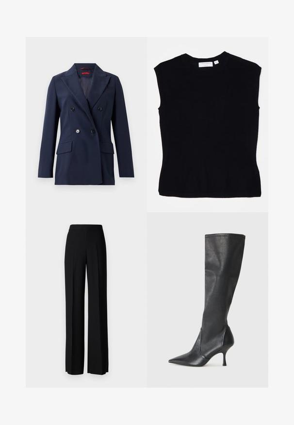 Námornícky modrý dvojradový blejzer z hladkej textílie, ktorý má dve predné vrecká a čierne gombíky na štruktúrovanom, na mieru šitom dizajne.; Čierny top bez rukávov vyrobený z pleteného materiálu, s okrúhlym výstrihom a priliehavým strihom s hladkou textúrou. Nálepka na zadnej strane.; Čierne široké nohavice s hladkým povrchom, s vysokým pásom a stredovými skladmi. Žiadne viditeľné vzory ani hardvérové detaily.; Čierne kožené čižmy do výšky kolien s špicatou špičkou a úzkym stiletto podpätkom. Hladká textúra s priliehavým dizajnom a prešitím na vrchnom okraji.