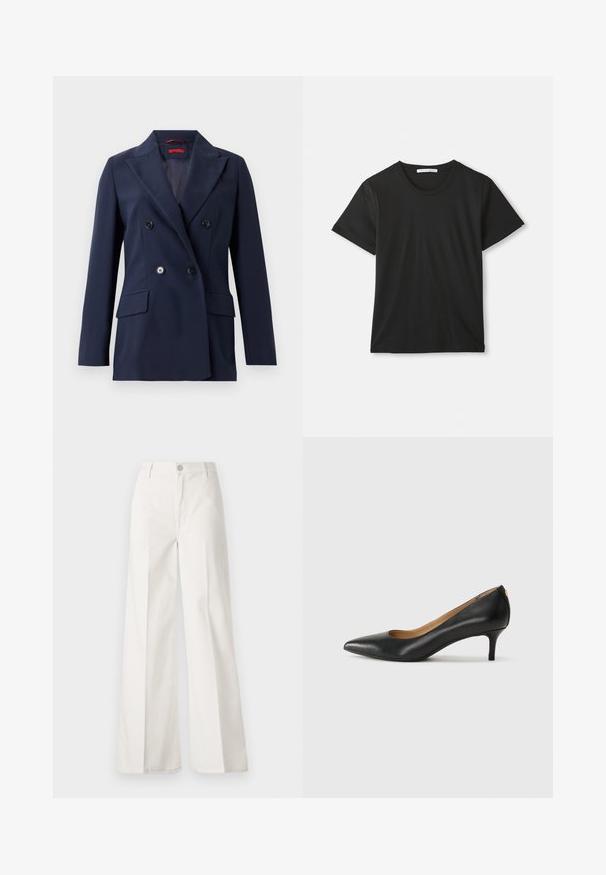 Karinė mėlyna dvigubo užsegimo švarkas, pagamintas iš lygaus audinio, su dviem priekinėmis kišenėmis ir juodais sagų, struktūrizuotu, pritaikytu dizainu.; Juodas trumpomis rankovėmis, apvaliu kaklu, pagamintas iš medvilnės marškinėliai, išskleisti ant balto fono, su matomu prekės ženklu apykaklėje.; Balti platūs baltos spalvos keliai, pagaminti iš medvilnės su lygiu paviršiumi. Yra priekinis mygtukas, užtrauktukas ir keturi kišenės.; Juodos odinės aukštakulnės bateliai su smailiu nosiu, žemu kulnu ir lygiu paviršiumi. Priekyje yra nedidelis atvirumas, o gale minimalus apdaila.