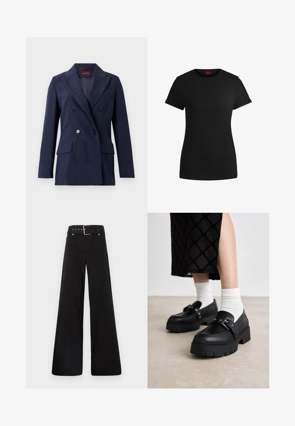 Marineblauwe dubbelgeknoopte blazer van gladde stof, met twee voorzakken en zwarte knopen, in een gestructureerd, op maat gemaakt ontwerp.; Zwart katoenen T-shirt met korte opgerolde mouwen, een ronde halslijn en een rood label. Glad textuur, aansluitende pasvorm met minimale details.; Zwarte wijde broek van katoen, met een hoge taille, grote zijzakken en een ceintuur met zilverkleurige accenten.; Zwarte platform loafers met een gladde leren afwerking, voorzien van een gespsluiting en studs, gecombineerd met witte geribde sokken.