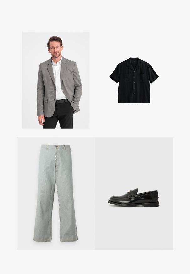 Grå hundtandsmönstrad blazer med slagkrage, två knappar, framfickor, matchad med en vit skjorta och svarta byxor. Slät tygtextur.; Svart kortärmad skjorta med avslappnad design, som har en krage, två bröstfickor och knäppning, tillverkad av lättviktig tyg.; Randiga vida byxor i blått och vitt, med knappstängning, bältesloopar, synlig sömnad och en avslappnad passform.; Svart läderloafer med rund tå, dekorativ sömnad och en liten framklaff. Platt gummisula med minimal klack.