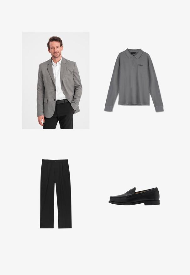 Blazer grigio a motivo houndstooth con revers a notched, due bottoni, tasche frontali, abbinato a una camicia bianca e pantaloni neri. Texture del tessuto liscia.; Polo a maniche lunghe in tessuto a righe grigio. Caratterizzato da colletto, patta con tre bottoni e un discreto marchio nero sul petto.; Pantaloni neri con un design a gamba dritta, realizzati in un tessuto liscio. Presentano pieghe frontali e una chiusura a un bottone in vita.; Mango Mocassini eleganti - black