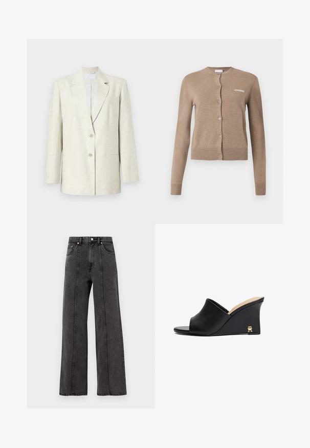 Bēšā žakete ar vienu pogu, iegrieztām atloks un divām priekšējām kabatām. Izgatavota no teksturēta auduma ar strukturētām plecu daļām.; Bežs adīts kardigāns ar garām piedurknēm, apaļu kakla izgriezumu un pogu aizdari. Iezīmēts ar ribotu apakšmalu un aprocēm, uz priekšpuses ir izšūts "2ND DAY".; Pelēka bezpiedurkņu ribota topiņa ar apaļu apkakli un taisnu apakšmalu, ar teksturētu audumu un smalkām šuvēm uz pleciem.; Melni denim platajās bikses ar augstu jostasvietu, ar priekšējiem kabatām, redzamām šuvēm un tīru apdari. Bez rotājumiem vai abrazīviem efektiem.; Melnas ādas klinšu slide sandales ar atvērtu purngalu un izliekta dizaina, ar zelta metāla akcentu uz papēža. Gluda tekstūra.