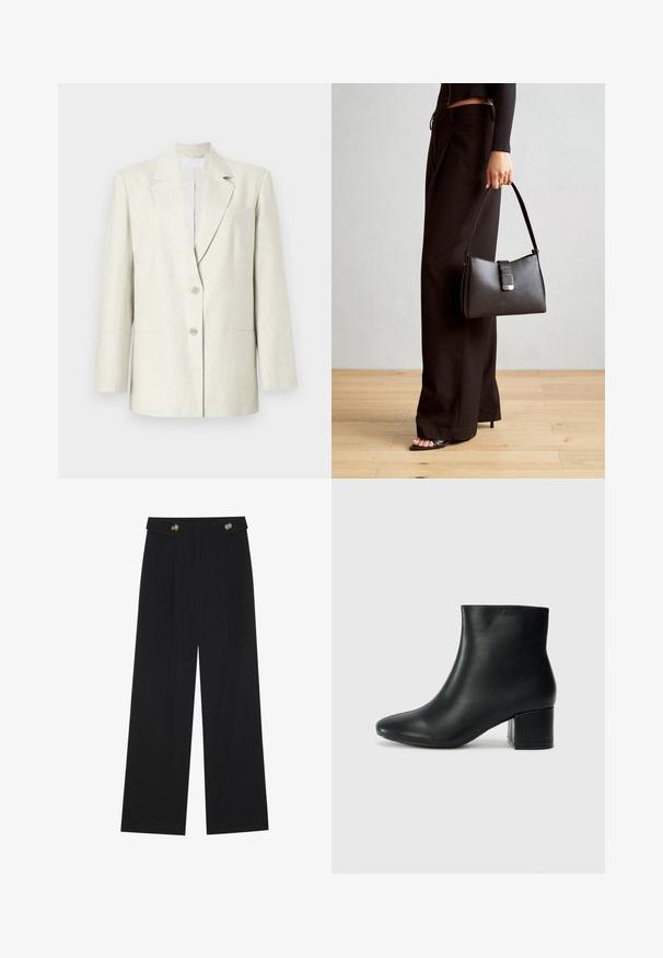 Off-white švarkas su vienu mygtuku, įpjovomis apykaklėmis ir dviem priekinėmis kišenėmis. Pagamintas iš tekstūruoto audinio su tvirtais peties siūlais.; Juoda ilgomis rankovėmis palaidinė su išsiplėtusiais rankogaliais, minkšta tekstūra ir laisva forma, su paprastu apvaliu kaklu.; Juodi plačios kojos kelnės su aukštu liemeniu, sagų detalėmis ant liemens ir priekinėmis raukšlėmis.; Juodos odinės aulinės botai su smailiu priekiniu pirštu ir storu kulnu. Lygus tekstūra su minimaliomis detalėmis ir elegantišku, tvirtai priglundančiu dizainu.; Juodas rankinė struktūrizuota forma, lygi tekstūra ir metalinis užsegimas. Suporuota su plačiomis juodomis kelnėmis ir atvirais bateliais ant medinių grindų.