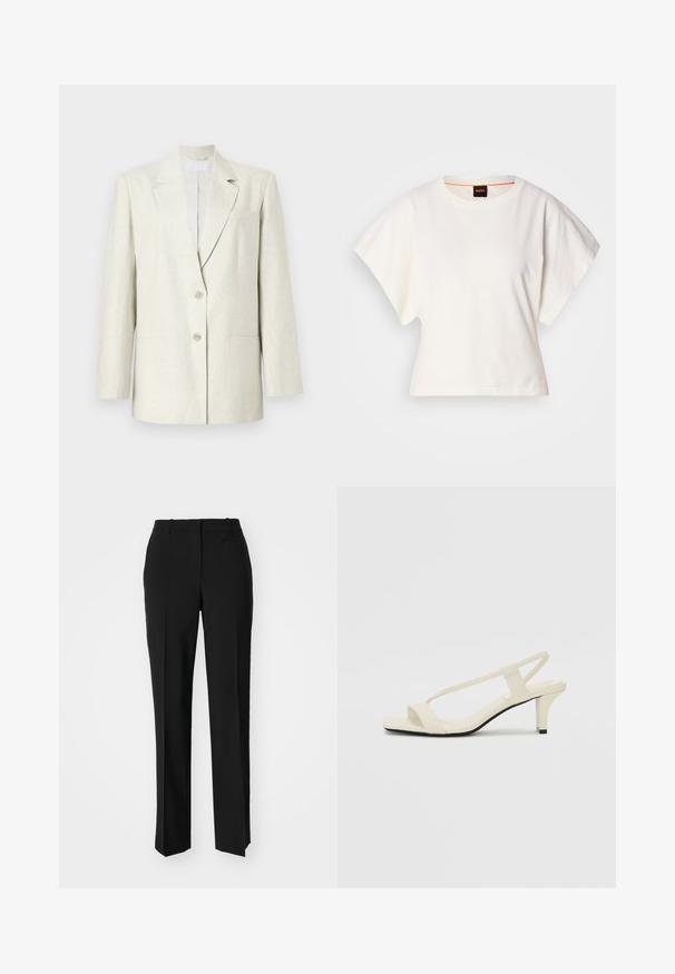 Off-white blazer med enkelt knaplukning, slå-kraver og to forlommer. Lavet af et struktureret stof med formede skuldre.; Hvid cropped T-shirt, korte brede ærmer, blødt bomuldsstof, rund halsudskæring med diskret orange kant, minimalistisk design uden mønstre eller grafik.; Sorte skræddersyede bukser med lige ben-design, der har en glat tekstur og skarpe folder langs fronten. Ingen synlige hardware.; Beige blokhælede sandaler med tynde remme og en firkantet tå. Glat materiale med minimal detaljering, designet til nem brug.